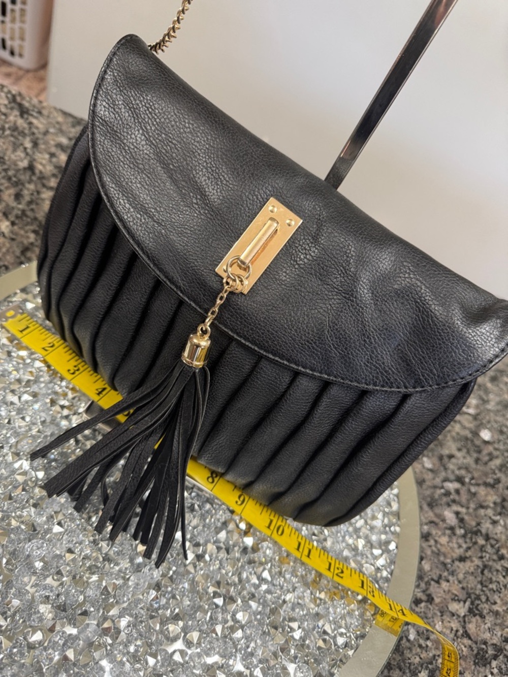 Mix No. 6 Black Pleated Crossbody Bag with Tassel and Gold crossbody Chain - Picture 8 of 10